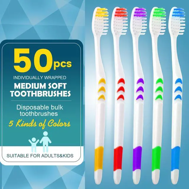 Alt view image 2 of 7 - 50 PCS Premium Individually Wrapped Bulk Toothbrush Pack, Disposable Toothbrushes, Kids Toothbrush, Medium Soft Bristle Toothbrushes, Ergonomics Handle, Perfect for Travel Hotel Donation
