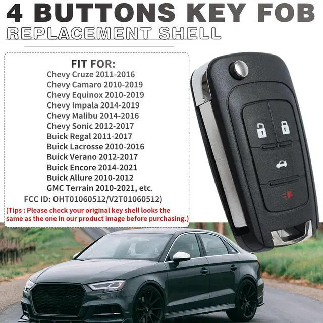 Alt view image 2 of 7 - 2 Pack Flip Key Fob Case Shell Replacement 4 Button for Chevy Cruze Equinox Camaro Impala Malibu Sonic Buick Regal Verano Encore Lacrosse GMC Terrain 2010 2011 2012 2013 2014 2015 2016 2017 2018 2019