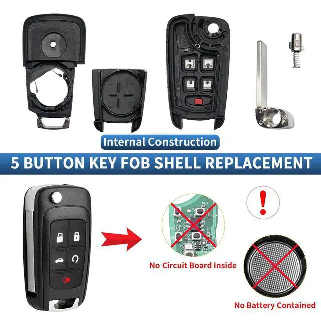 Alt view image 2 of 7 - 5 Button Key Fob Shell Replacement for Chevy Cruze Camaro Impala Equinox GMC Terrain Buick Regal Lacrosse 2017 2016 2015 2014 2013 2012 2011 2010 OHT01060512 Keyless Entry Remote Flip Car Key Fob Case