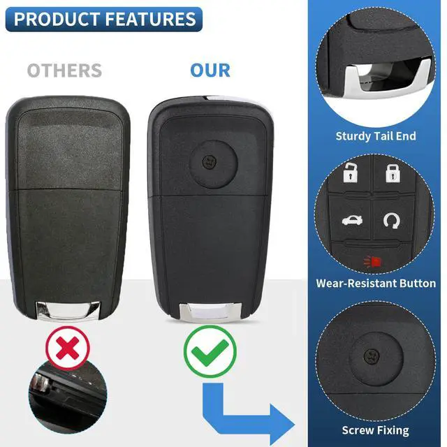 Alt view image 3 of 7 - 5 Button Key Fob Shell Replacement for Chevy Cruze Camaro Impala Equinox GMC Terrain Buick Regal Lacrosse 2017 2016 2015 2014 2013 2012 2011 2010 OHT01060512 Keyless Entry Remote Flip Car Key Fob Case