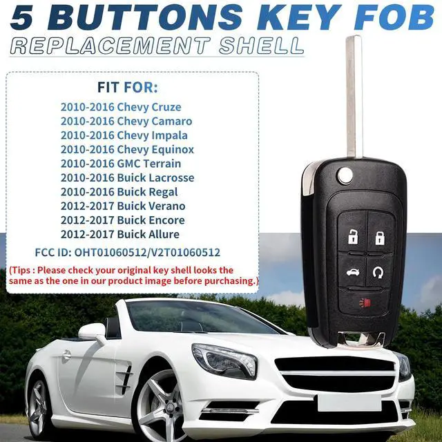 Alt view image 5 of 7 - 5 Button Key Fob Shell Replacement for Chevy Cruze Camaro Impala Equinox GMC Terrain Buick Regal Lacrosse 2017 2016 2015 2014 2013 2012 2011 2010 OHT01060512 Keyless Entry Remote Flip Car Key Fob Case