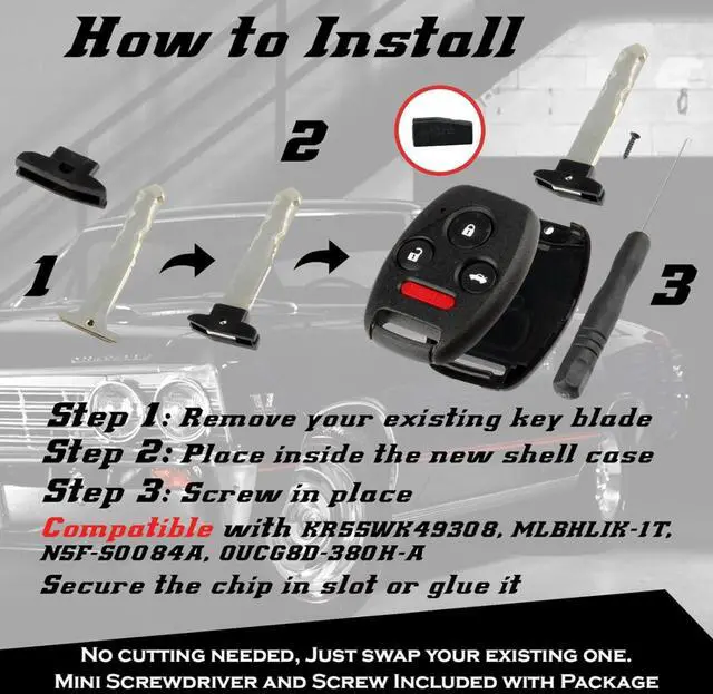 Alt view image 5 of 7 - Cutting NOT Required - Key Fob Keyless Entry Remote Shell Case & Pad fits Honda 2003-2012 Accord / 2006-2013 Civic EX / 2009-2015 Pilot /2005-2006 CR-V