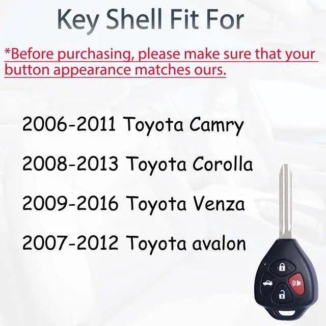Alt view image 3 of 6 - Key Fob Shell Case Replacement Fits for Toyota Camry Corolla Venza Avalon 2007 2008 2009 2010 2011 2012 2013 Keyless Entry Remote Control 4 Button Pad Key Cover