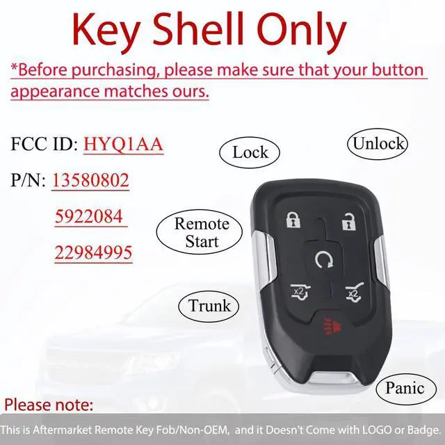 Alt view image 3 of 7 - Key Fob Shell Case Replacement Compatible with GMC Yukon XL Chevy Suburban Tahoe 2015 2016 2017 2018 2019 2020 Keyless Entry Remote Control HYQ1AA 6 Buttons 1PCS Pad Cover