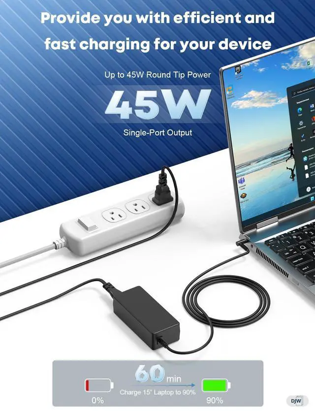 Alt view image 2 of 7 - 45W 19.5V 2.31A Laptop Charger for HP Stream 14 13 11, Pavilion x360 15, EliteBook 840 G3 G4, ProBook, Chromebook 11 EE - AC Adapter Power Supply Cord with Durable Blue Tip L-Shape Connector