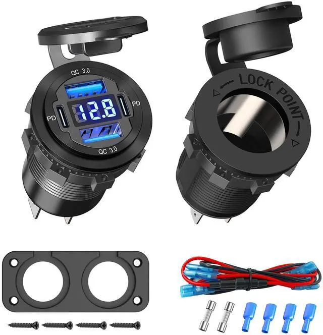 Main image of Cigarette Lighter Socket 12 Volt USB Outlet Dual 30W PD & Dual Quick Charge 3.0 18W, 300W Socket Aluminum Metal Charger Panel with LED Voltmeter for Marine Car RV Motorcycle Golf Cart, etc