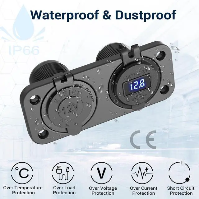 Alt view image 4 of 7 - Cigarette Lighter Socket 12 Volt USB Outlet Dual 30W PD & Dual Quick Charge 3.0 18W, 300W Socket Aluminum Metal Charger Panel with LED Voltmeter for Marine Car RV Motorcycle Golf Cart, etc