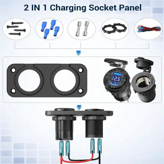 Alt view image 3 of 7 - Cigarette Lighter Socket 12 Volt USB Outlet Dual 30W PD & Dual Quick Charge 3.0 18W, 300W Socket Aluminum Metal Charger Panel with LED Voltmeter for Marine Car RV Motorcycle Golf Cart, etc