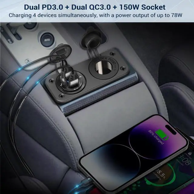 Alt view image 5 of 7 - Cigarette Lighter Socket 12 Volt USB Outlet Dual 30W PD & Dual Quick Charge 3.0 18W, 300W Socket Aluminum Metal Charger Panel with LED Voltmeter for Marine Car RV Motorcycle Golf Cart, etc