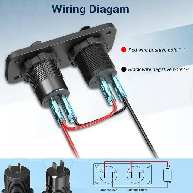 Alt view image 7 of 7 - Cigarette Lighter Socket 12 Volt USB Outlet Dual 30W PD & Dual Quick Charge 3.0 18W, 300W Socket Aluminum Metal Charger Panel with LED Voltmeter for Marine Car RV Motorcycle Golf Cart, etc
