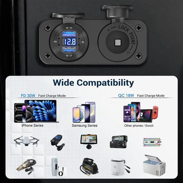 Alt view image 6 of 7 - Cigarette Lighter Socket 12 Volt USB Outlet Dual 30W PD & Dual Quick Charge 3.0 18W, 300W Socket Aluminum Metal Charger Panel with LED Voltmeter for Marine Car RV Motorcycle Golf Cart, etc