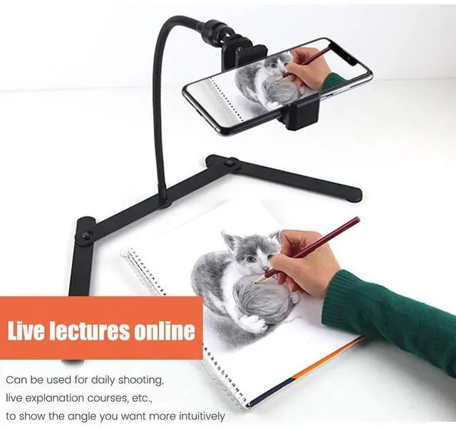 Alt view image 2 of 7 - Ajustable Tripod with Cellphone Holder, Overhead Phone Mount, Table Top Teaching Online Stand for Live Streaming and Online Video and Food Crafting Demo Drawing Sketching Recording