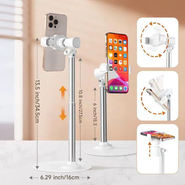 Alt view image 2 of 7 - Phone Stand for Recording Videos, Adjustable Phone Holder for Desk with Large 16cm Metal Base, 360° Rotating Overhead Mount for Live Streaming, TikTok, YouTube, Height Adjustable Phone Holder