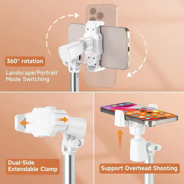 Alt view image 7 of 7 - Phone Stand for Recording Videos, Adjustable Phone Holder for Desk with Large 16cm Metal Base, 360° Rotating Overhead Mount for Live Streaming, TikTok, YouTube, Height Adjustable Phone Holder