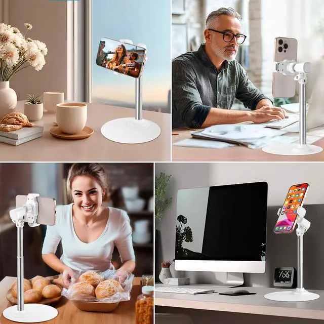 Alt view image 5 of 7 - Phone Stand for Recording Videos, Adjustable Phone Holder for Desk with Large 16cm Metal Base, 360° Rotating Overhead Mount for Live Streaming, TikTok, YouTube, Height Adjustable Phone Holder