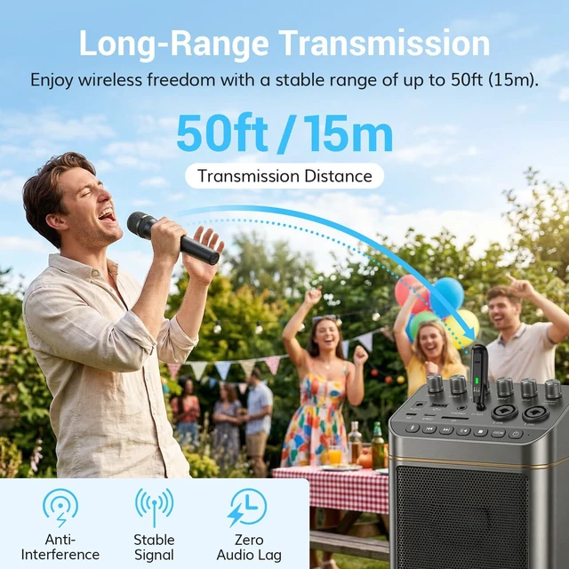 Alt view image 6 of 7 - 2.4G Wireless Microphone, Rechargeable Cordless Handheld Microphone System with Receiver, Karaoke Mic for Singing, Home Party, Birthday, 50ft / 15 m Range, TW-210