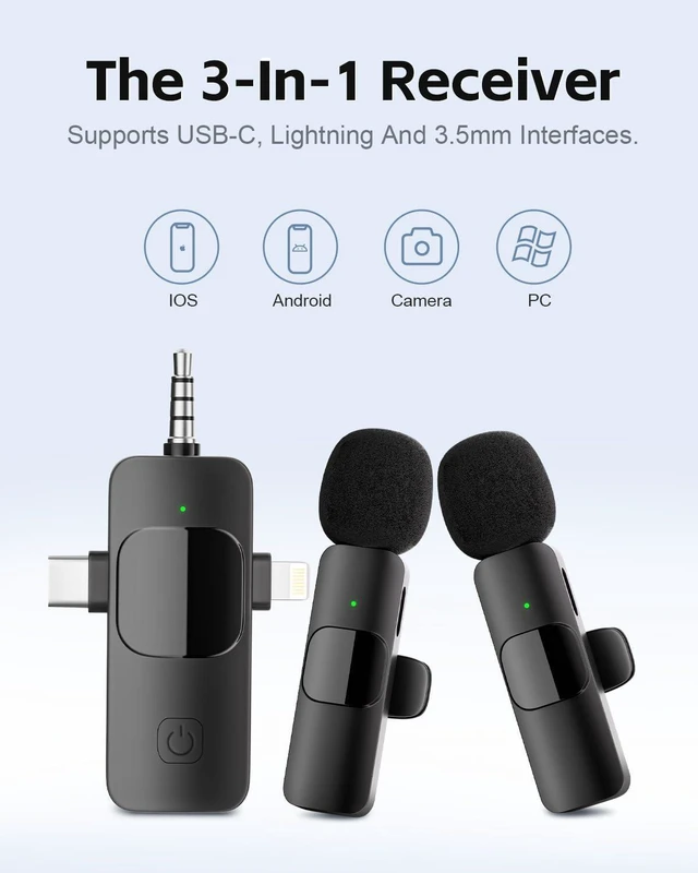 Alt view image 7 of 7 - 3-in-1 Wireless Lavalier Microphone for iPhone&Android,mini Microphone for Camera,mini mic with Noise Cancellation,Plug & Play,Long Battery Life for YouTube/TikTok/Vlog Recording