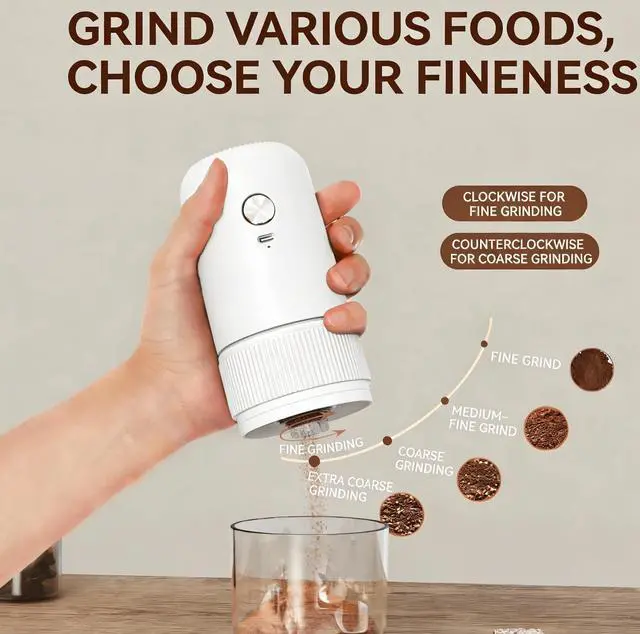 Alt view image 4 of 7 - Electric Coffee Grinder for Home Use Automatic Spice Grinder Adjustable Coarseness Rechargeable Coffee Grinder Removable Design Mill (White)