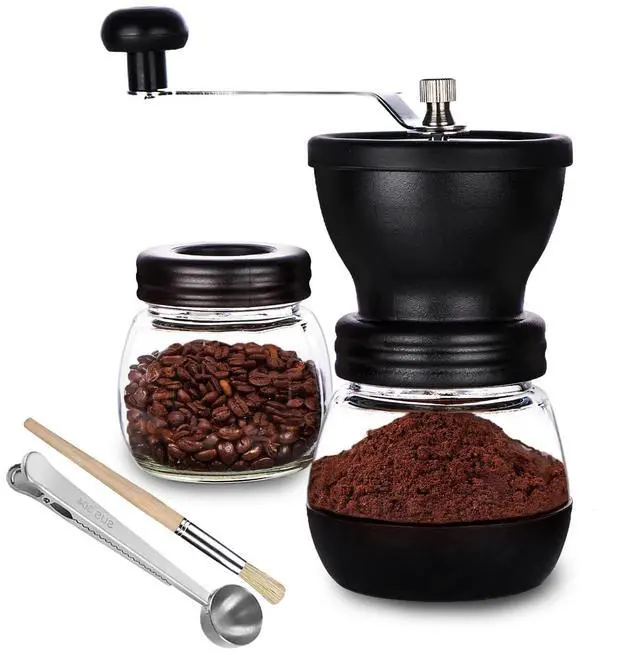 Main image of Manual Coffee Bean Grinder with Ceramic Burr, Hand Coffee Grinder Mill Small with 2 Glass Jars( 11OZ per Jar) Stainless Steel Handle for Drip Coffee, Espresso, French Press, Turkish Brew
