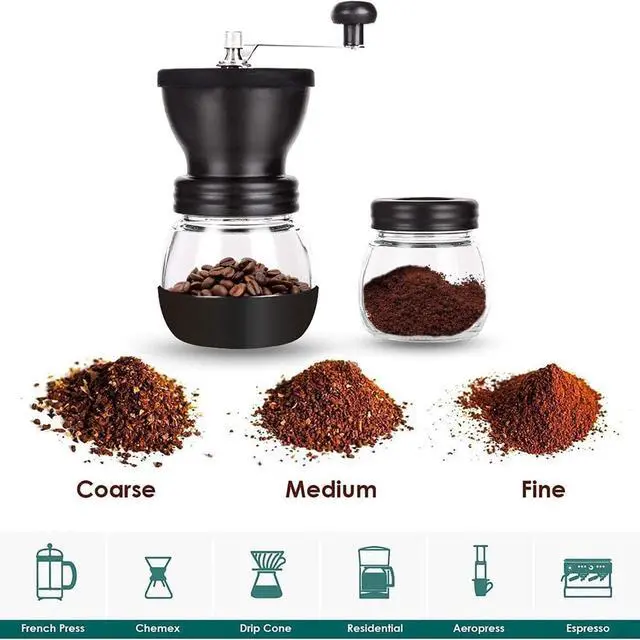 Alt view image 5 of 7 - Manual Coffee Bean Grinder with Ceramic Burr, Hand Coffee Grinder Mill Small with 2 Glass Jars( 11OZ per Jar) Stainless Steel Handle for Drip Coffee, Espresso, French Press, Turkish Brew