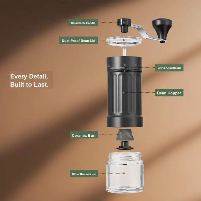 Alt view image 5 of 7 - Manual Coffee Bean Grinder, Hand Coffee Grinder with Ceramic Burr & 40 Adjustable Settings, Portable Hand Crank Small Coffee Grinder for Espresso, Travel & Camping