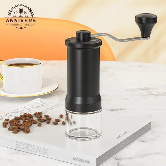 Alt view image 2 of 7 - Manual Coffee Grinder Hand Coffee Bean Grinder Burr Grinder, Adjustable Coarseness Ceramic Burr Glass Jar Stainless Steel Crank Brush, for Espresso French Press Drip, Moulin à Café Manuel