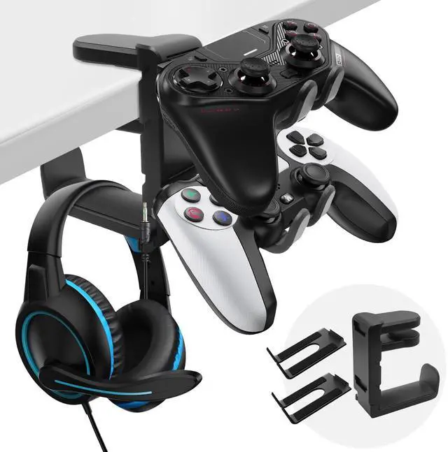 Main image of 3 In 1 PC Gaming Headphone & Controller Stand Holder, Clamp On Headset Hanger with 360° Rotation Hook, Under Desk Cable Clip Organizer Earphone Storage Rack, Universal XBOX PS5 PS4 Switch Gift, Black
