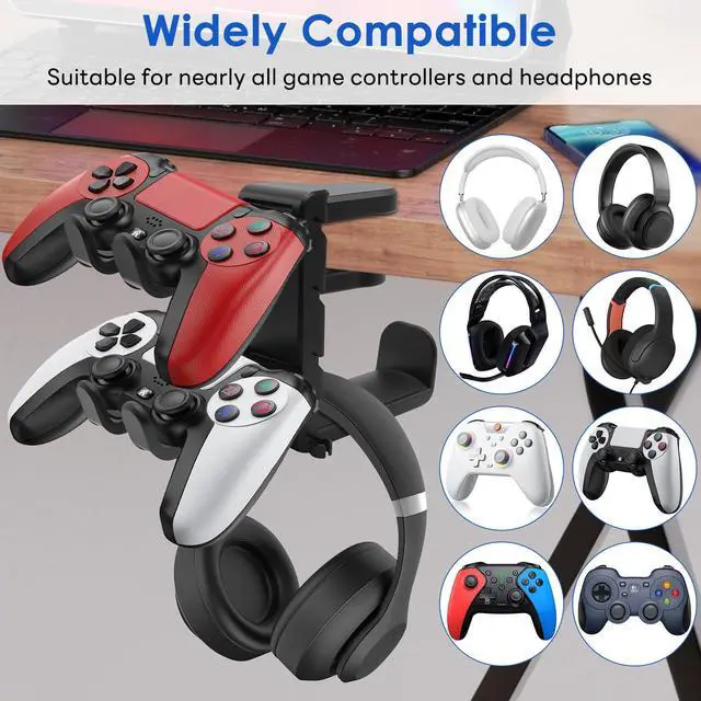 Alt view image 2 of 7 - 3 In 1 PC Gaming Headphone & Controller Stand Holder, Clamp On Headset Hanger with 360° Rotation Hook, Under Desk Cable Clip Organizer Earphone Storage Rack, Universal XBOX PS5 PS4 Switch Gift, Black