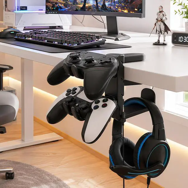 Alt view image 3 of 7 - 3 In 1 PC Gaming Headphone & Controller Stand Holder, Clamp On Headset Hanger with 360° Rotation Hook, Under Desk Cable Clip Organizer Earphone Storage Rack, Universal XBOX PS5 PS4 Switch Gift, Black