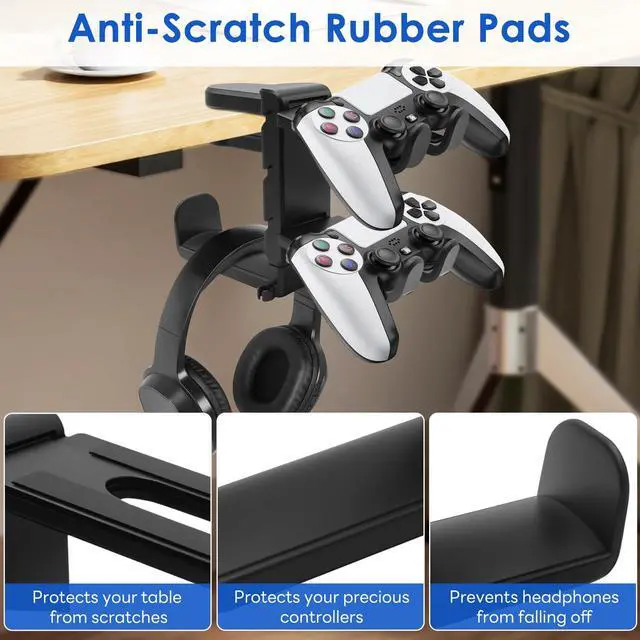 Alt view image 4 of 7 - 3 In 1 PC Gaming Headphone & Controller Stand Holder, Clamp On Headset Hanger with 360° Rotation Hook, Under Desk Cable Clip Organizer Earphone Storage Rack, Universal XBOX PS5 PS4 Switch Gift, Black