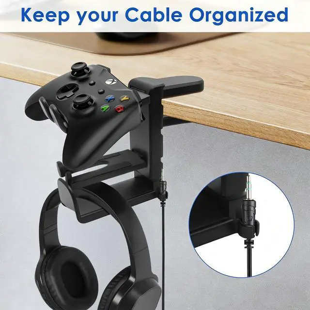 Alt view image 6 of 7 - 3 In 1 PC Gaming Headphone & Controller Stand Holder, Clamp On Headset Hanger with 360° Rotation Hook, Under Desk Cable Clip Organizer Earphone Storage Rack, Universal XBOX PS5 PS4 Switch Gift, Black