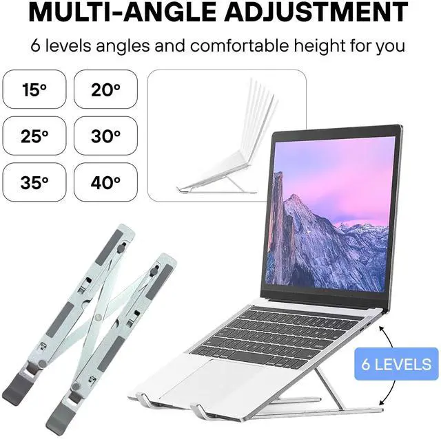 Alt view image 3 of 7 - Adjustable Laptop Stand Ergonomic Aluminum Riser for Desk, Fits 9"-15.6" Laptops Foldable, Portable, Ventilated, Sturdy, Anti-Slip, Ideal for Home & Office