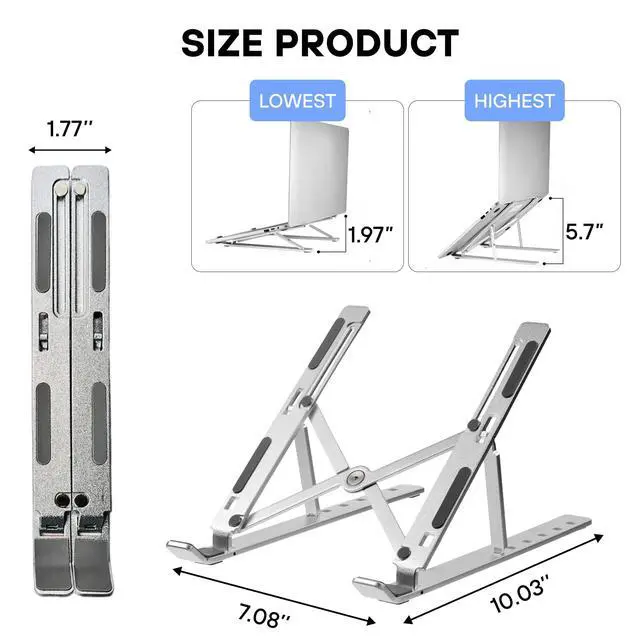 Alt view image 4 of 7 - Adjustable Laptop Stand Ergonomic Aluminum Riser for Desk, Fits 9"-15.6" Laptops Foldable, Portable, Ventilated, Sturdy, Anti-Slip, Ideal for Home & Office