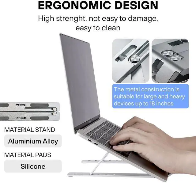 Alt view image 7 of 7 - Adjustable Laptop Stand Ergonomic Aluminum Riser for Desk, Fits 9"-15.6" Laptops Foldable, Portable, Ventilated, Sturdy, Anti-Slip, Ideal for Home & Office