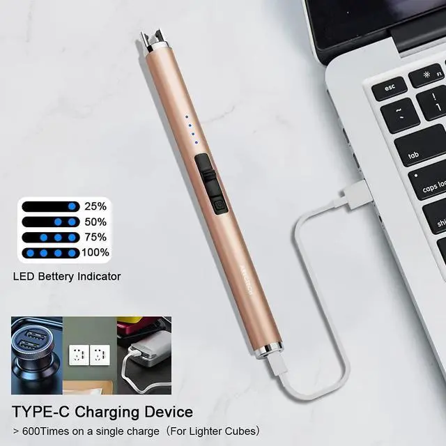 Alt view image 6 of 7 - Rechargeable Electric Candle Lighter, Arc Plasma Windproof Lighter for Candle Kitchen Birthday, Christmas Stocking Stuffers Gifts for Mom Men Wife with Type-C Cable, Gold
