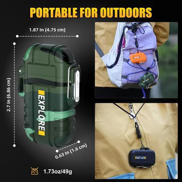 Alt view image 7 of 7 - 2 Pack Waterproof Outdoor Lighter Windproof Torch Lighters Butane Refillable USB Rechargeable Electric Dual Arc Plasma Lighter Hiking Camping Essentials Hunting Gear Fathers Day Dad Gifts