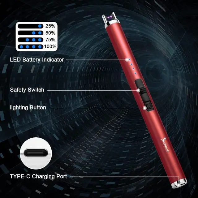 Alt view image 2 of 7 - Electric Lighter Candle Type C Rechargeable Lighter with Upgraded LED Battery Display Safety Switch Flameless Plasma Windproof for Candle Cooking BBQs Fireworks Gift(Red)