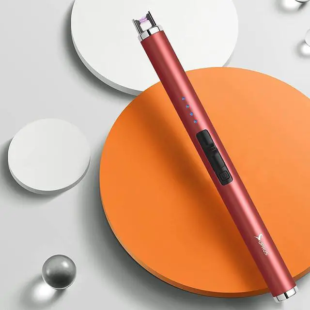 Alt view image 5 of 7 - Electric Lighter Candle Type C Rechargeable Lighter with Upgraded LED Battery Display Safety Switch Flameless Plasma Windproof for Candle Cooking BBQs Fireworks Gift(Red)