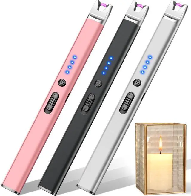 Main image of 3 Pack Candle Lighter Electric USB Rechargeable Plasma Arc Lighters with Safety Lock, Windproof Flameless Long Matches Lighters for Candle, Grill, BBQ, Camping, Gas Stoves (Pink,Black,Silver)