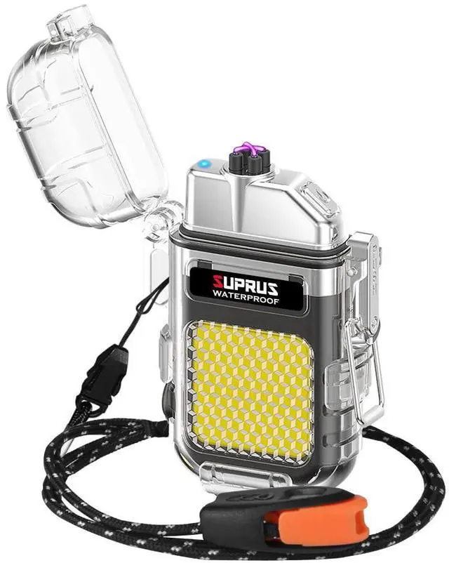 Main image of Waterproof 3 Modes of Flashlight Windproof Lighter Dual Arc Electric Rechargeable Dual Arc Plasma Lighter with Survival Emergency Whistle and Lanyard (Black)