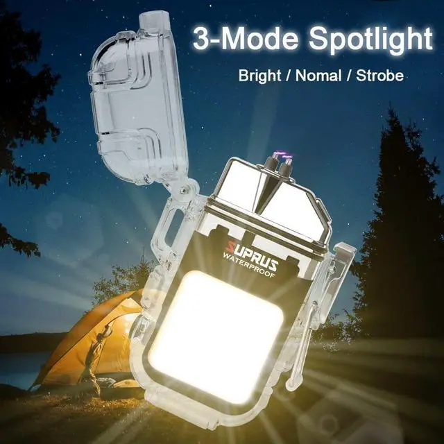 Alt view image 3 of 7 - Waterproof 3 Modes of Flashlight Windproof Lighter Dual Arc Electric Rechargeable Dual Arc Plasma Lighter with Survival Emergency Whistle and Lanyard (Black)