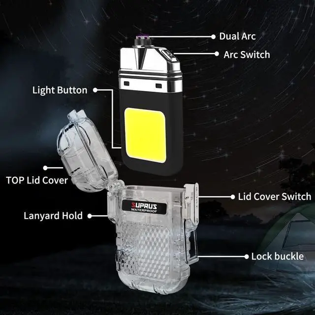 Alt view image 2 of 7 - Waterproof 3 Modes of Flashlight Windproof Lighter Dual Arc Electric Rechargeable Dual Arc Plasma Lighter with Survival Emergency Whistle and Lanyard (Black)