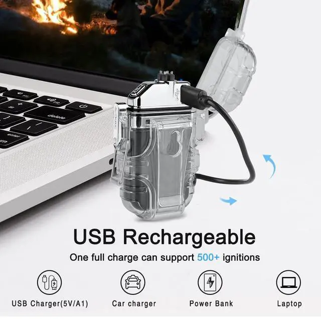 Alt view image 5 of 7 - Waterproof 3 Modes of Flashlight Windproof Lighter Dual Arc Electric Rechargeable Dual Arc Plasma Lighter with Survival Emergency Whistle and Lanyard (Black)
