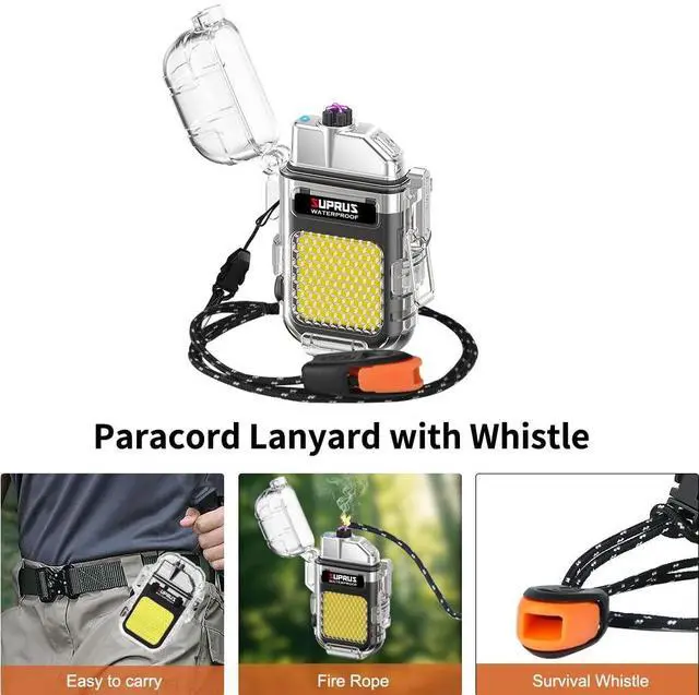 Alt view image 6 of 7 - Waterproof 3 Modes of Flashlight Windproof Lighter Dual Arc Electric Rechargeable Dual Arc Plasma Lighter with Survival Emergency Whistle and Lanyard (Black)