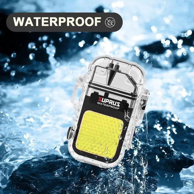 Alt view image 4 of 7 - Waterproof 3 Modes of Flashlight Windproof Lighter Dual Arc Electric Rechargeable Dual Arc Plasma Lighter with Survival Emergency Whistle and Lanyard (Black)