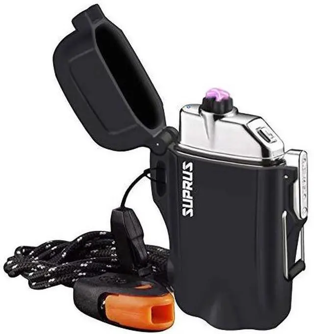 Main image of Waterproof 3 Modes of Flashlight Windproof Lighter Dual Arc Electric Rechargeable Dual Arc Plasma Lighters with Survival Emergency Whistle and Lanyard