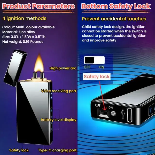 Alt view image 7 of 7 - Smart Electric Lighter with 4 Ignition Modes, High Power Pulse Plasma Arc Lighter, Windproof Electronic Lighters, Rechargeable USB Lighters with Safety Lock (Silver Ice)