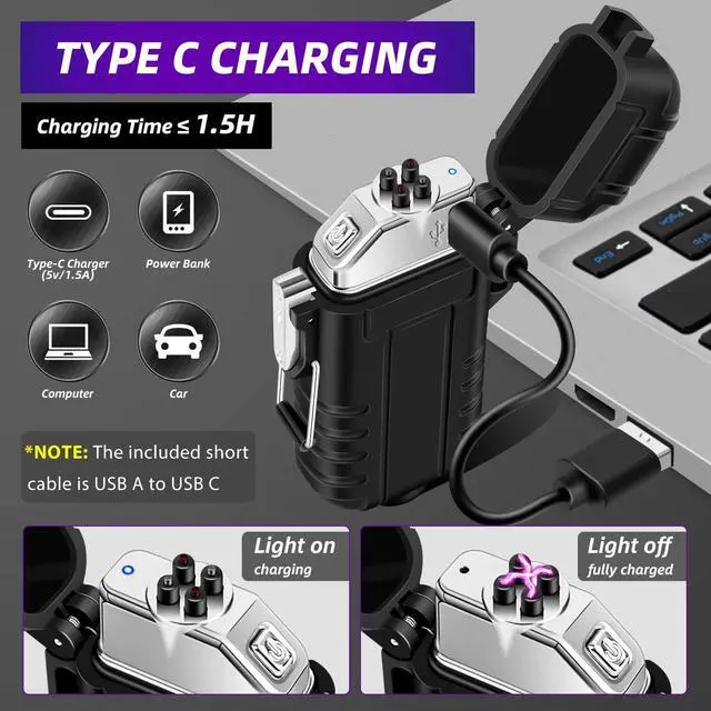 Alt view image 3 of 7 - Waterproof Electric Dual Arc Lighter USB Type C Rechargeable Windproof Flameless Plasma Lighters with Flashlight for Camping, Hiking, Outdoor Survival, Tactical Gear Gifts for Men