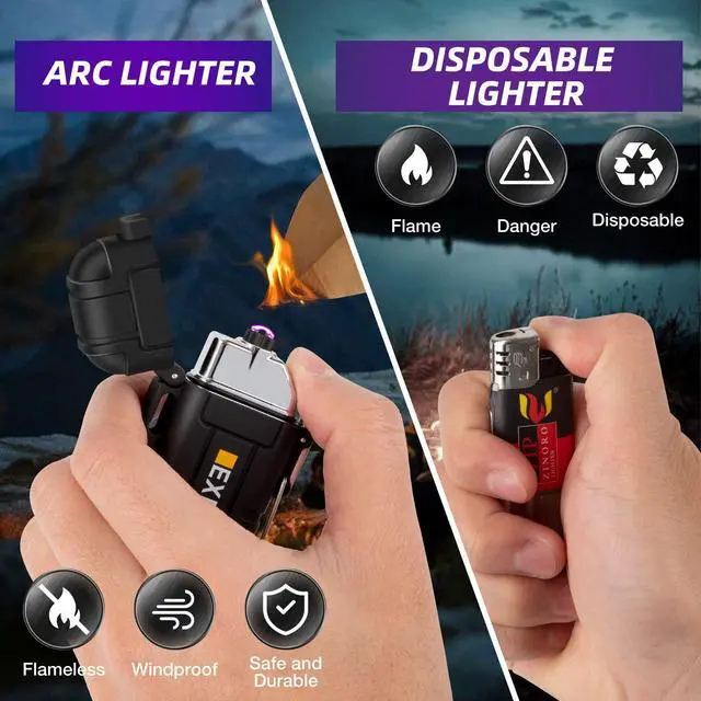 Alt view image 4 of 7 - Waterproof Electric Dual Arc Lighter USB Type C Rechargeable Windproof Flameless Plasma Lighters with Flashlight for Camping, Hiking, Outdoor Survival, Tactical Gear Gifts for Men