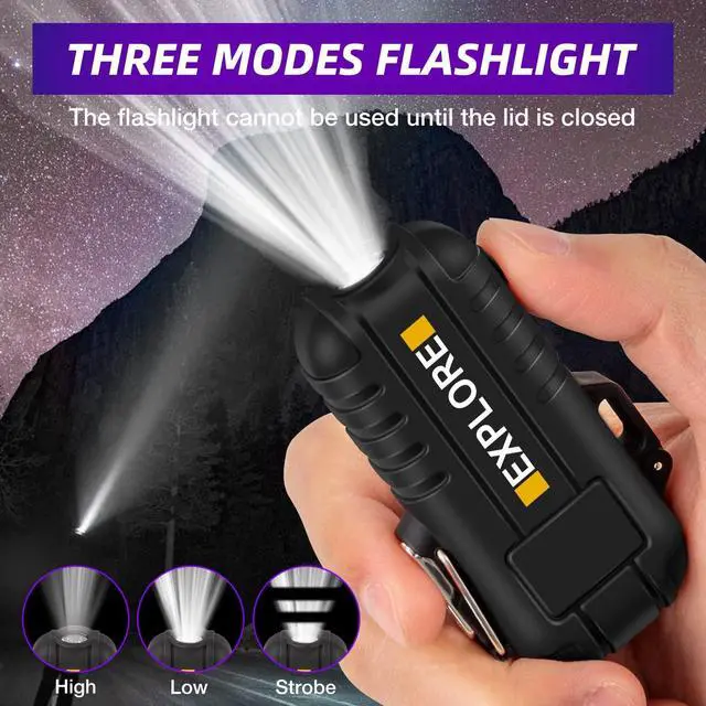 Alt view image 5 of 7 - Waterproof Electric Dual Arc Lighter USB Type C Rechargeable Windproof Flameless Plasma Lighters with Flashlight for Camping, Hiking, Outdoor Survival, Tactical Gear Gifts for Men